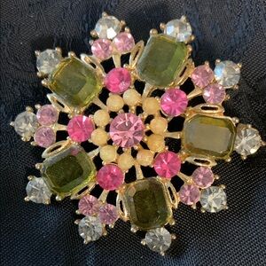 Vintage Sparkly Pink, Green, Gold and Clear 2 Inch Crystal Brooch
